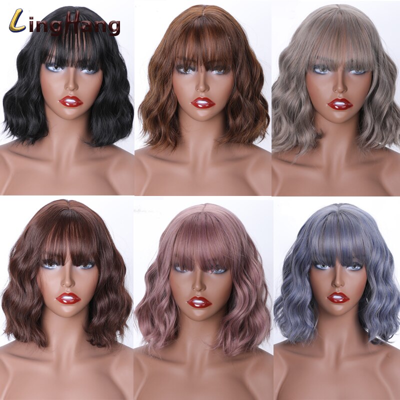 Linghang kortbølgebånd pannelugg parykk 15 farger høytemperatur syntetisk parykk egnet til hvite/svarte kvinner