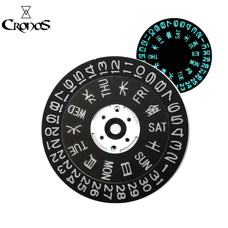 Cronos tilbehør til bevægelsesdel lysende dato ugedag disk sort trykt med  c3 bgw 9 til  nh35 nh36
