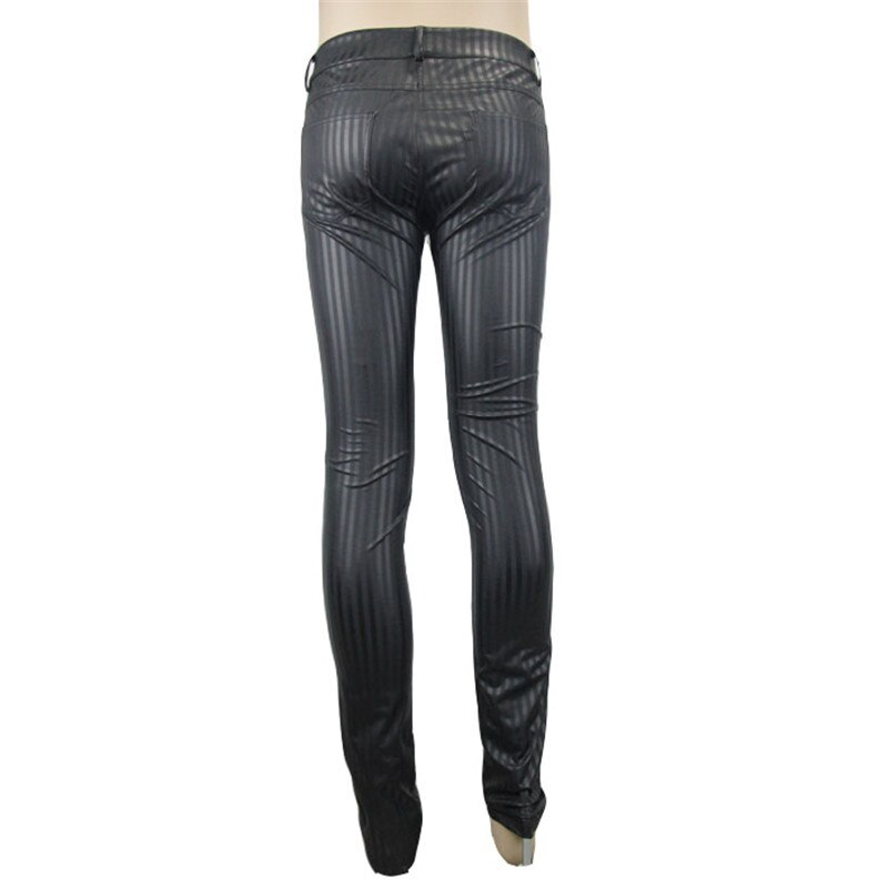 Steampunk Men Casual Leather Pants Mid Waist Black Striped Trousers Retro Casual Slim Fit Pants