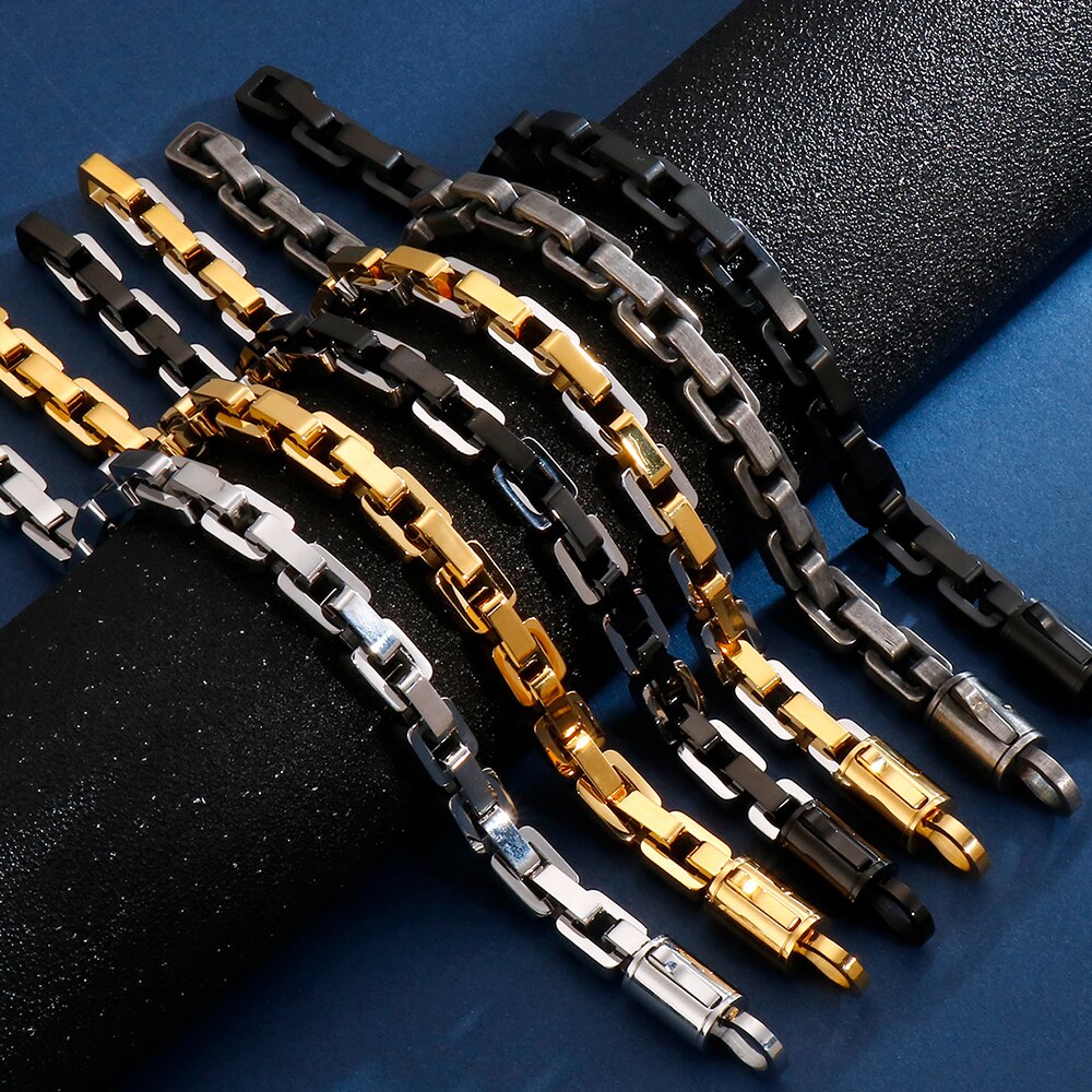 Goud Zwart Rvs Interlock Box Chain Armband Voor Mannen Zware Biker Sieraden Beste Vrienden Heren Armbanden