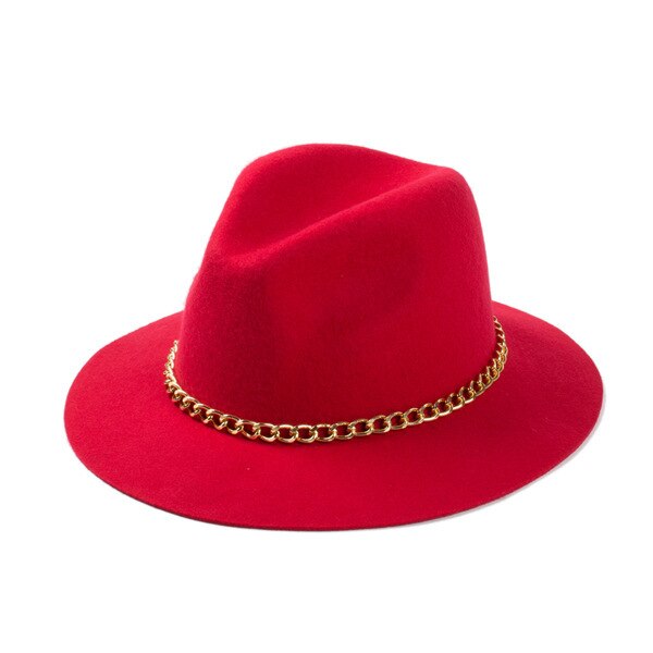 Moderigtige kvinder 100%  uld sort burgunderrød fedora hat med guldkæde til damer: Rød