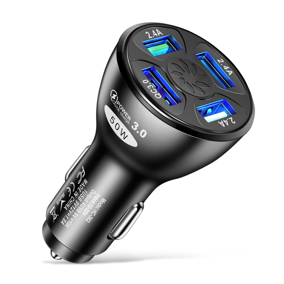 Floveme 4 -port-usb-autoladegerät mit 50w schnelllade- und 10a mini-schnellladeanschlüssen für iphone 11 , xiaomi, huawei und samsung mobiltelefone im auto: Schwarz