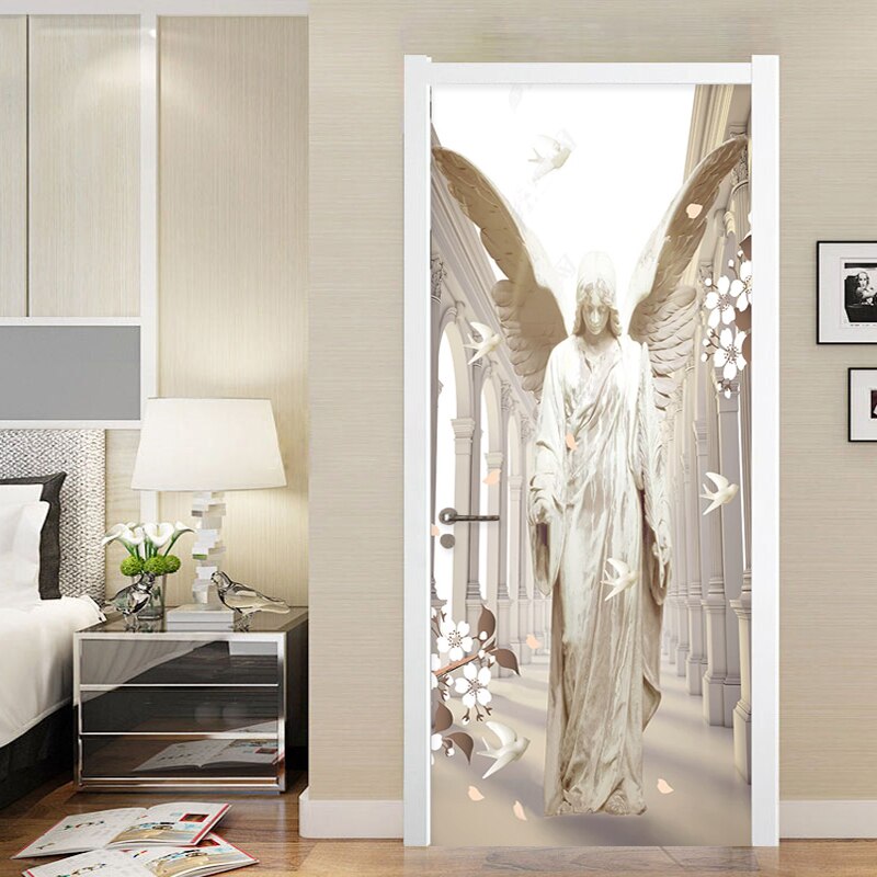 Zelfklevende Deur Sticker 3D Stereo Steen Carving Angel Vleugels Duif Behang Woonkamer Studie Creatieve DIY Deur Muur stickers
