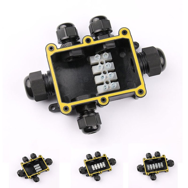 IP68 Black Waterproof Plastic Outdoor Cable Wire Connector Gland Electrical 5-Cable Junction Box with Terminal PC