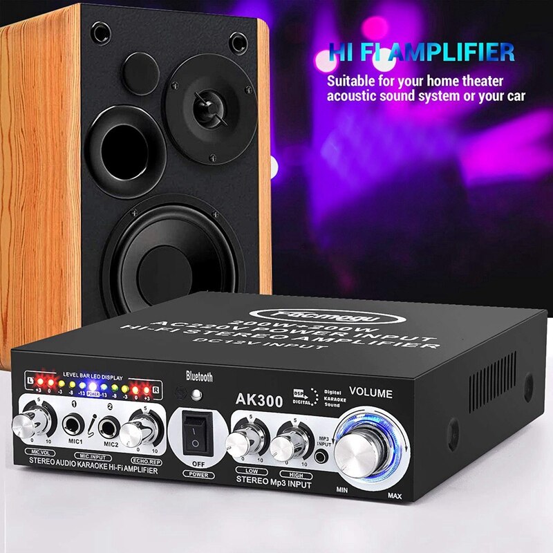 -AK300 200W+200W Audio Power Amplifier, 2 Mic Input Bluetooth 5.0 Hi-Fi Stereo Karaoke Digital Audio Receiver(EU Plug)