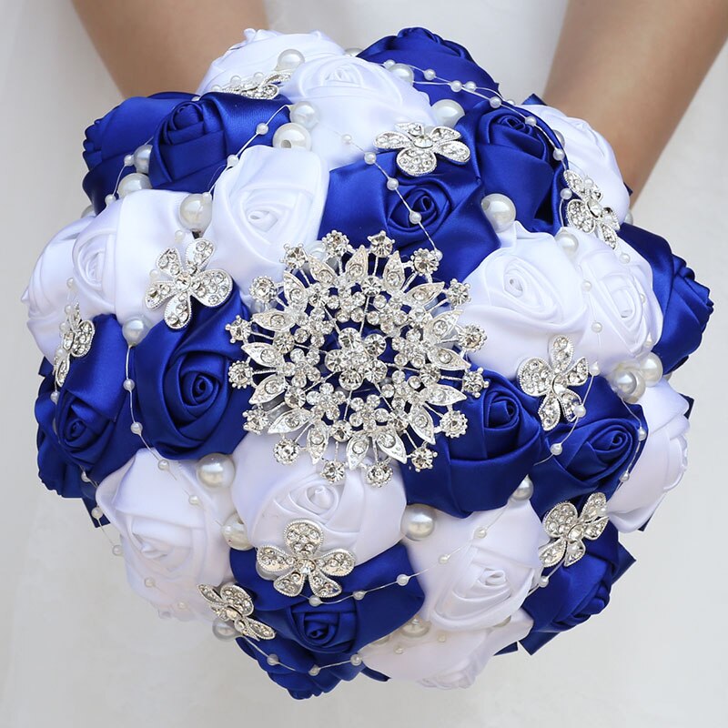 Handmade Ribbon Wedding Rose Flowers Rhinestone Bridal Bouquets Pearl Bridal Holding Bouquet Fleur Artificielle Mariage W224D: 18cm royalblue