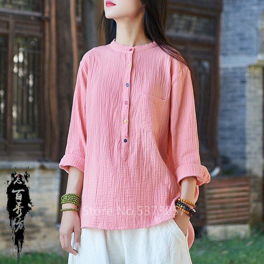 Camisa de lino de estilo chino para mujer, Blusa de algodón estilo Vintage Retro, traje Tang de Tai Chi con cuello redondo, transpirable, suave e informal