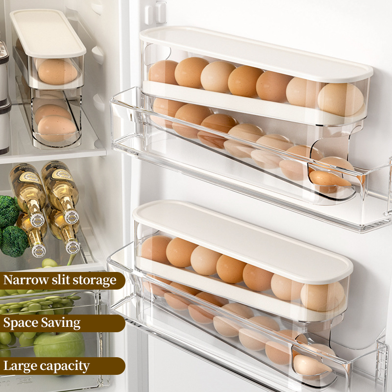 Estante para huevos de desplazamiento automático, soporte para huevos de cocina, caja de almacenamiento, cesta para huevos, contenedor, organizador, dispensador de huevos para refrigerador enrollable