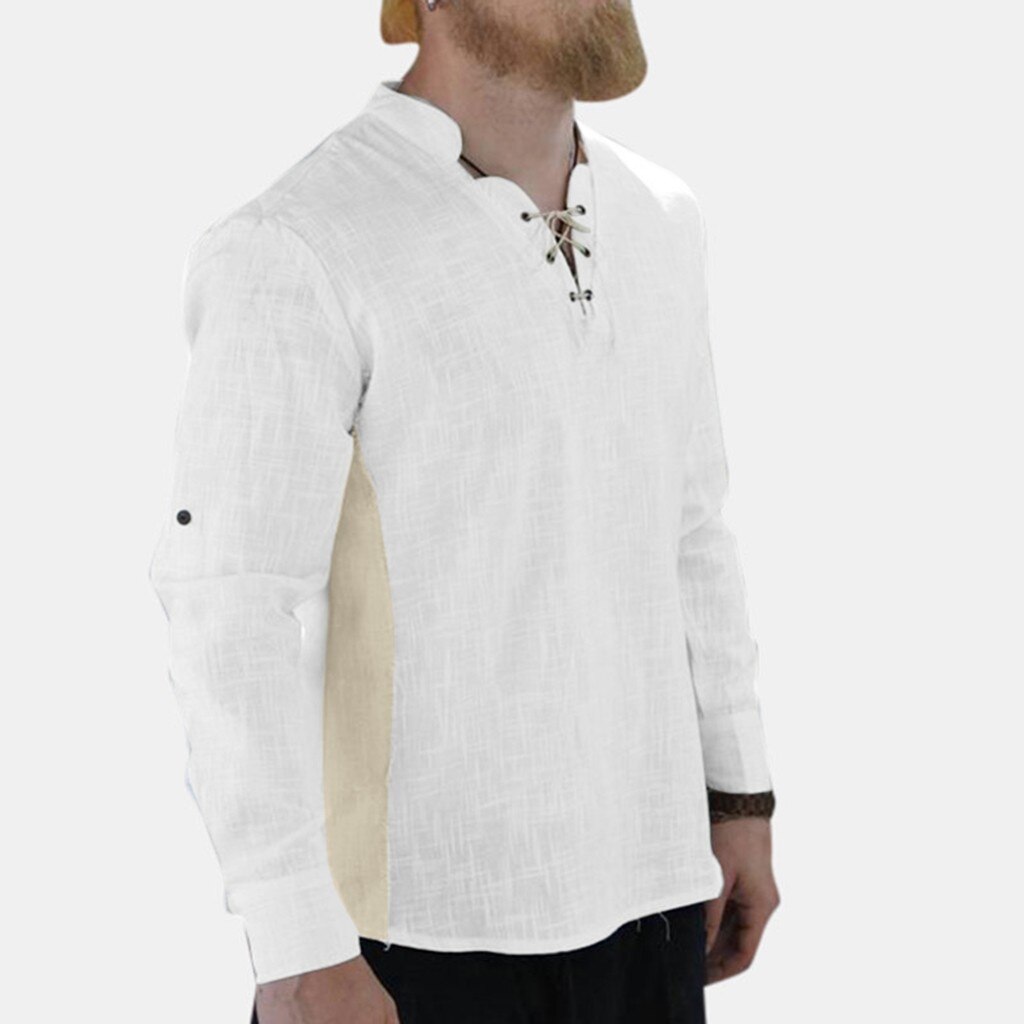 Men Shirts Men's Retro Linen Blend Patchwork Long Sleeve Drawsting Shirts Tops Male Casual Camisa Masculina Plus Size