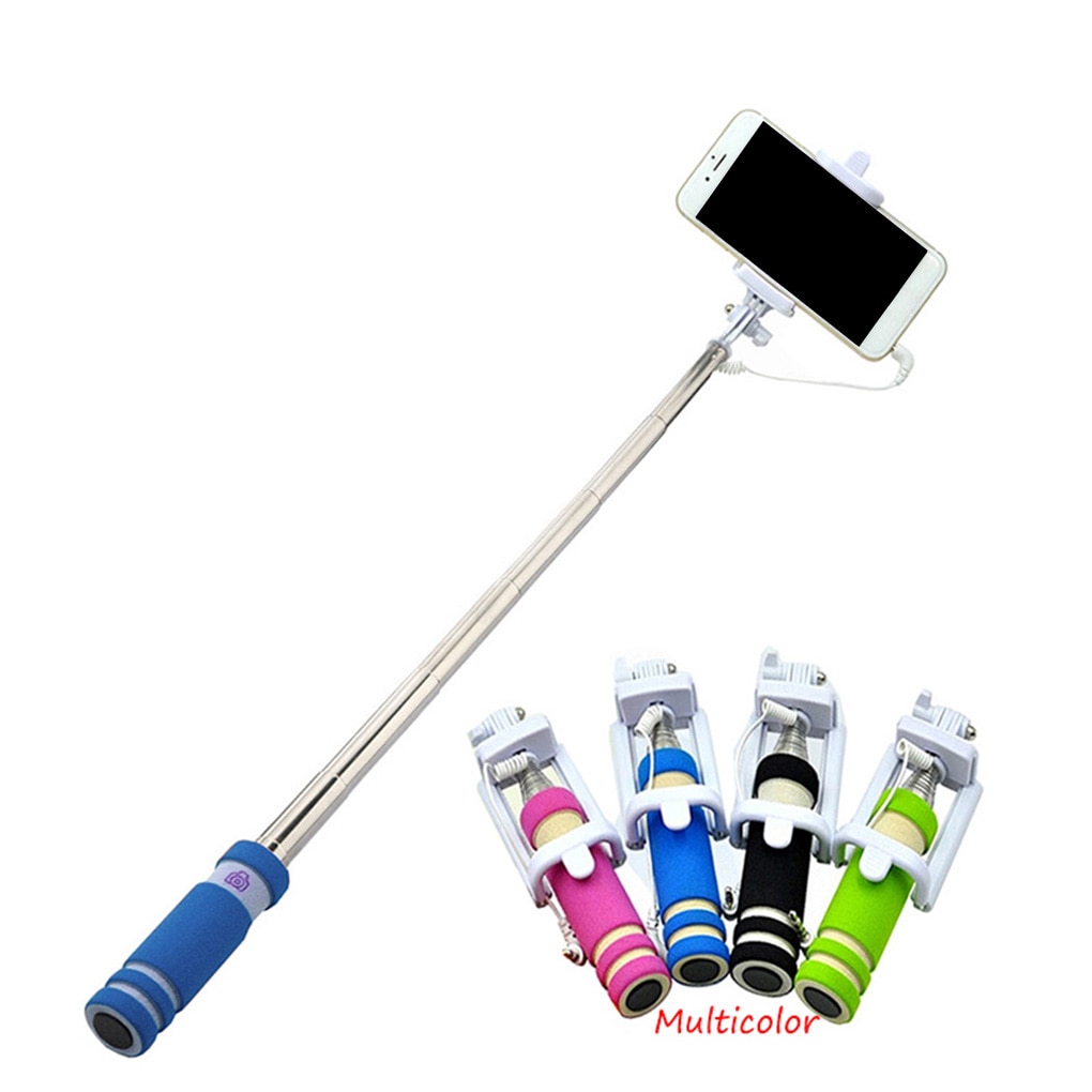 Button Wired Spons Handvat Mini Telefoon Selfie Stok Uitschuifbare Vouw Smartphone Zelfportret Monopod