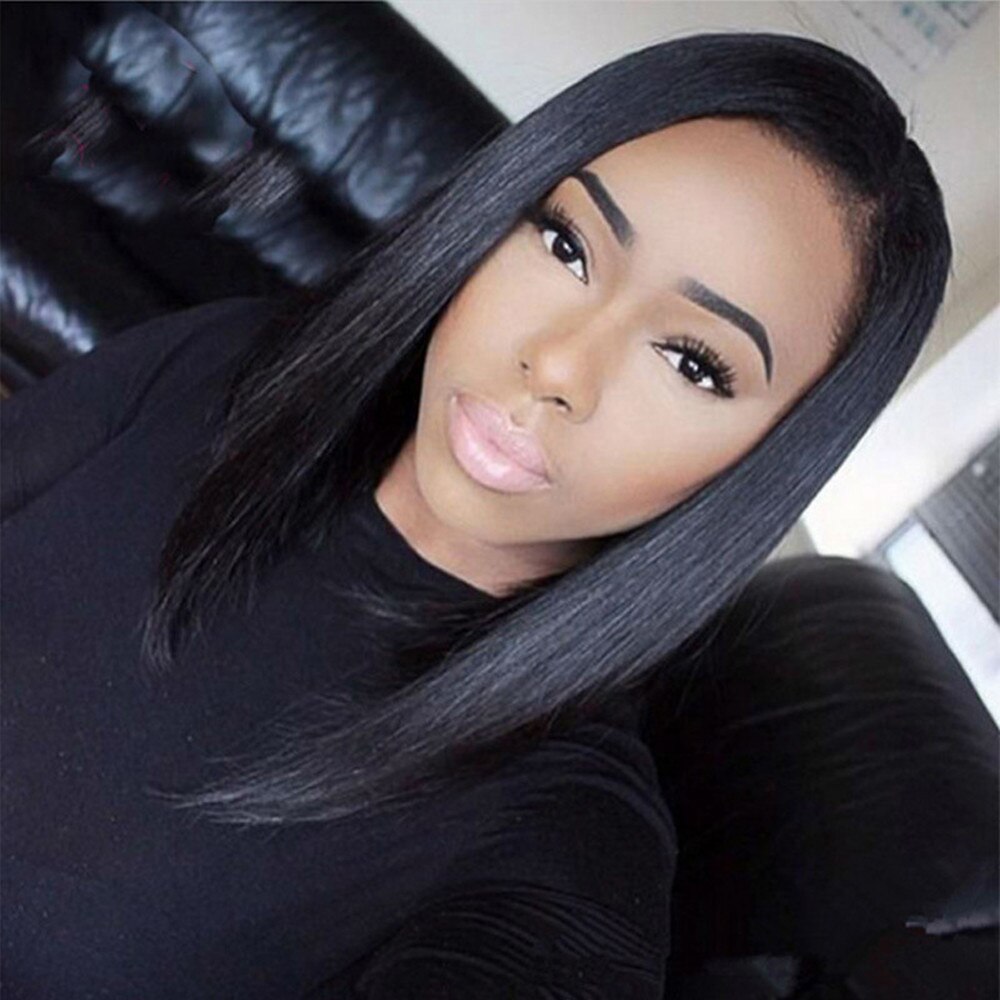 36cm Middle Part Straight Black Wig Synthetic Wigs For Black Women Heat Resistant Fiber Black Fluffy Bob Style Straight Wig#g30