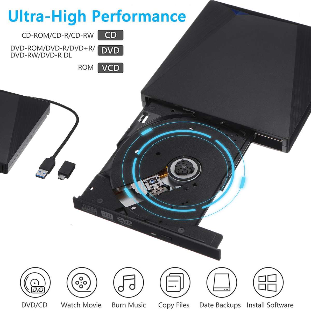 Lecteur optique externe usb 3.0, graveur de DVD, RW, graveur de CD, lecteur optique mince, Type plateau, Portable pour PC Portable
