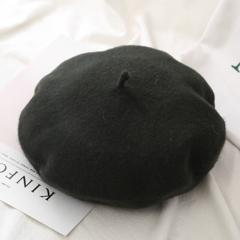 21 Kleuren Lady Herfst Winter Baret Hoed Schilder Hoed Vrouwen Wol Vintage Baretten Effen Kleur Caps Vrouwelijke Motorkap Warme Wandelschoenen cap: Army Green