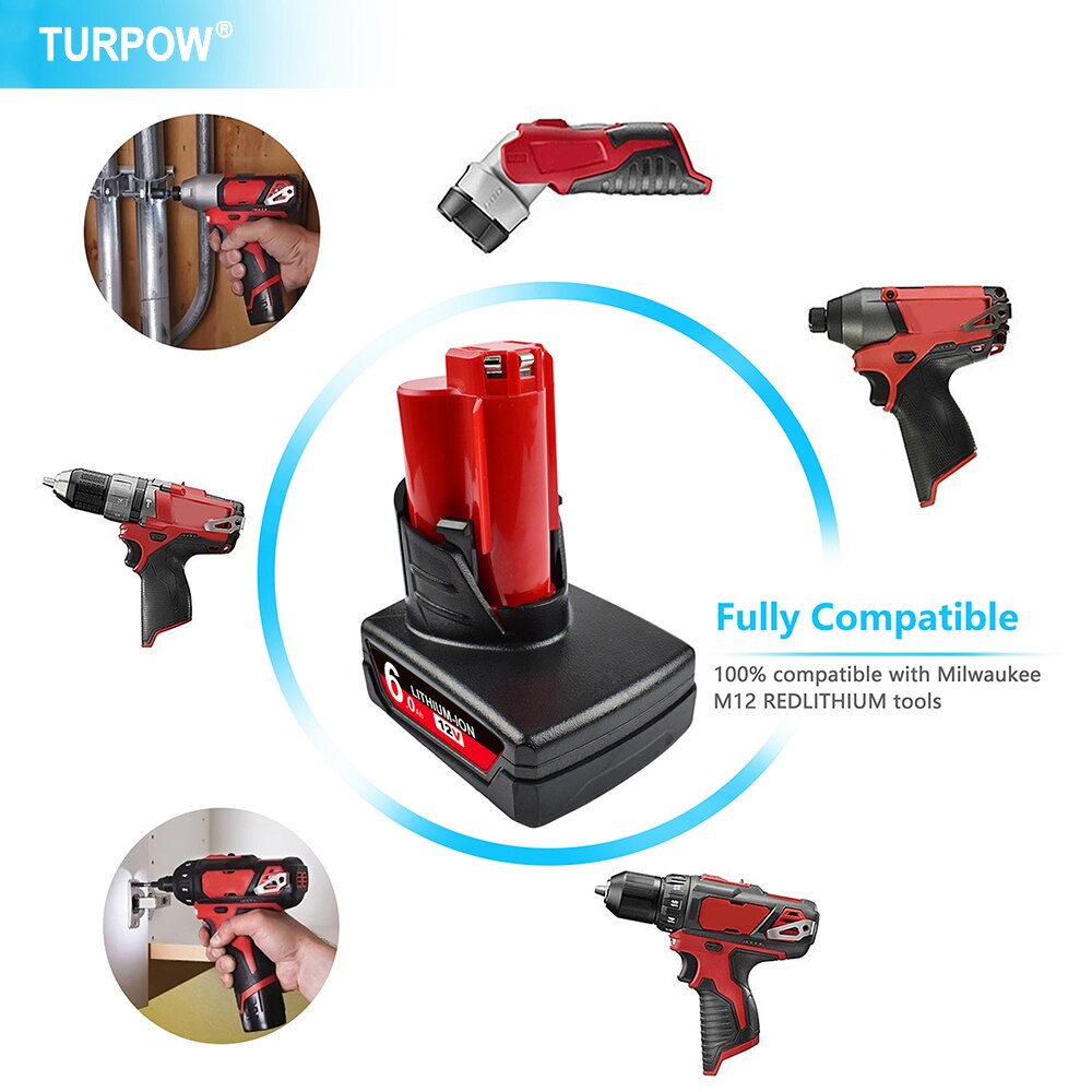 Turpow 12V 6000Mah Oplaadbare Batterij Voor Milwaukee M12 Xc Cordless Gereedschap 48-11-2402 48-11-2411 Batterijen 48-11-2401 MIL-12A-L