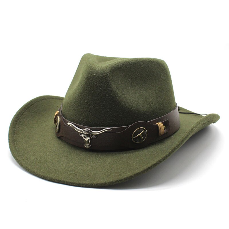 Cabeza de Vaca sombrero de Cowboy del oeste de sombrero de lana hombres borde Grande Tapa: Verde militar
