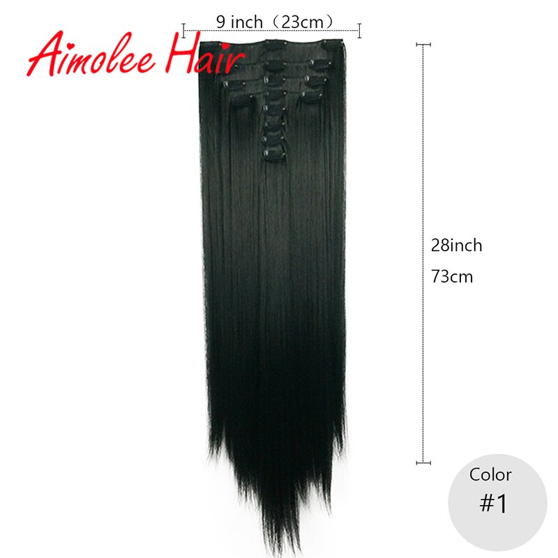 Extensiones de cabello de 28 pulgadas, 8 unidades/juego, pelo sintético largo y recto, Clip-in, negro, marrón, realce, fibra de pelo de alta temperatura: # 1