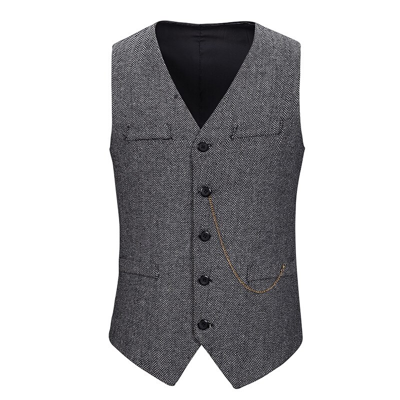 Gray Herringbone Tweed Dress Vest Men Brand Slim Fit Single Breasted Vest Waistcoat Men Business Wedding Vests Gilet Homme: gray / M