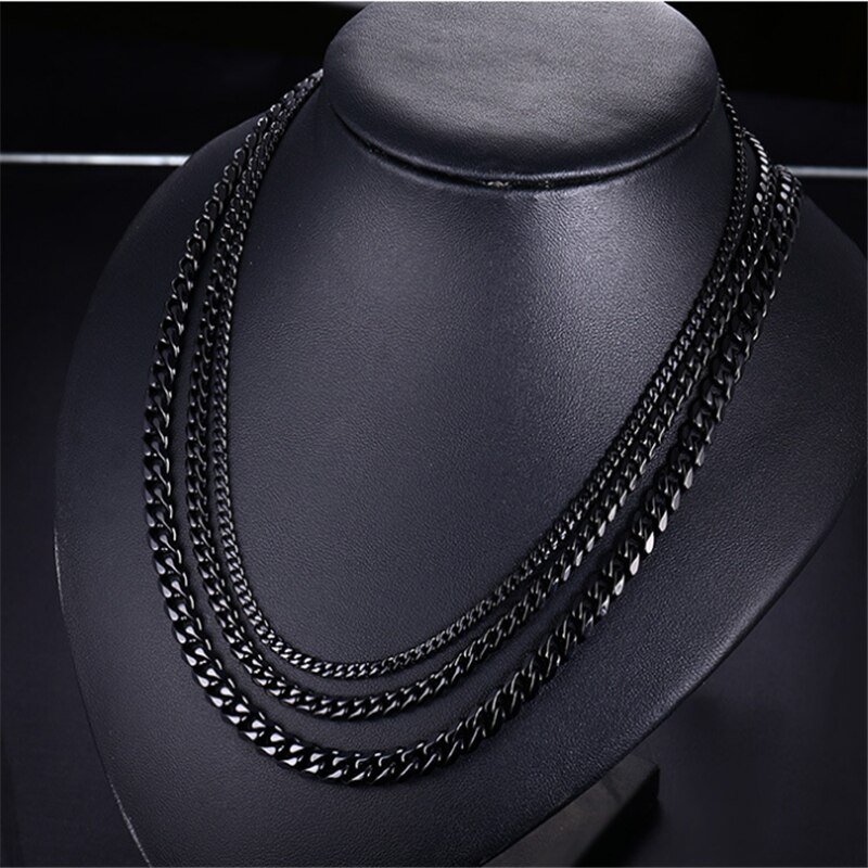 USENSET Cuban Link Chain Black Color Stainless Steel Necklace Tone Punk Charm Jewelry 3MM 5MM 7MM