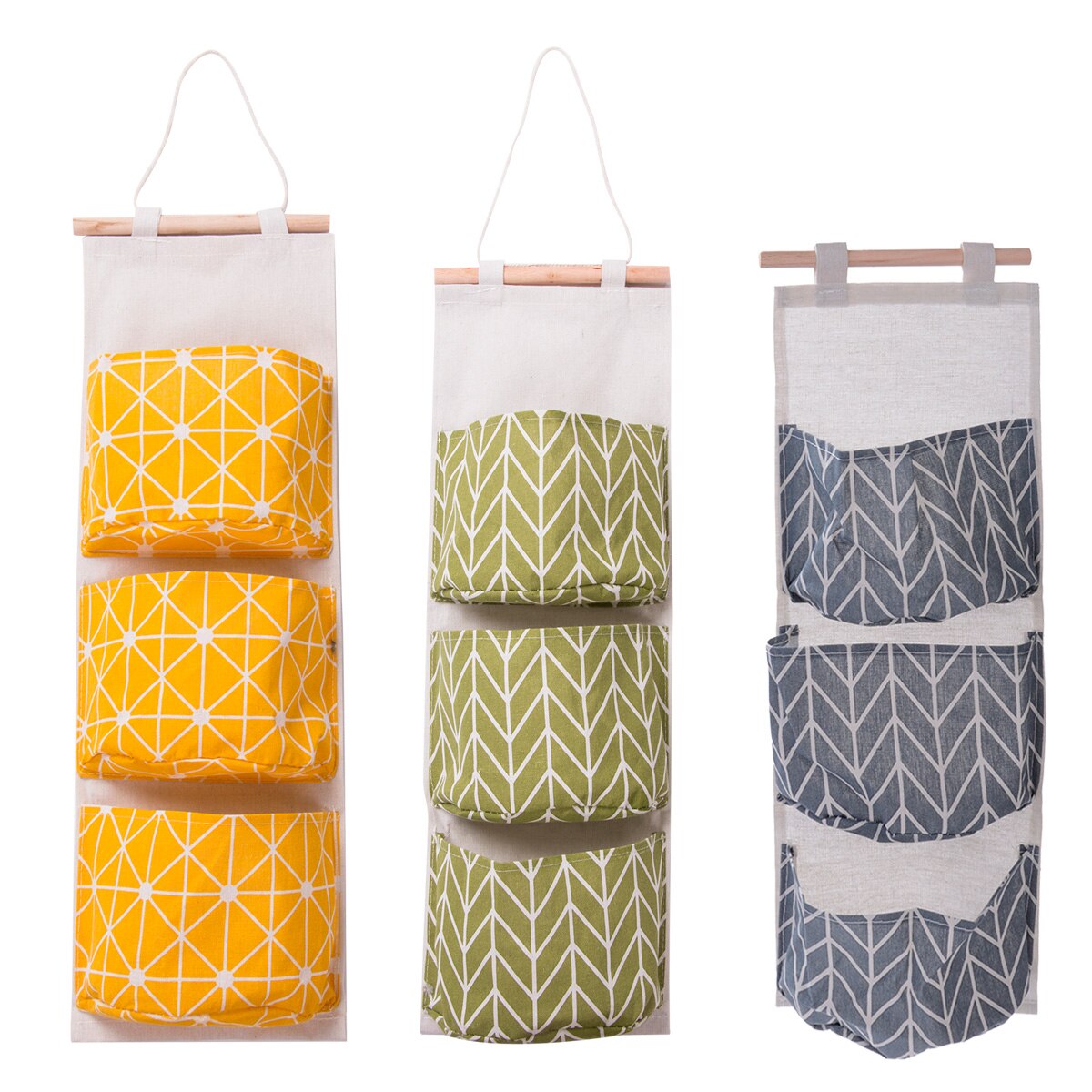 Over Door Hanging Storage Bag Washable Linen Fabric Cabinet Wall Closet Organizer With 3 Pockets Home Bathroom Bedroom Storage