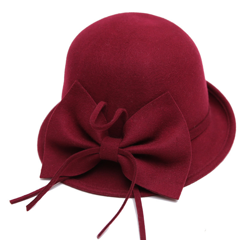 100%  uld fedora damehat kaki tweed bowler filt hue hun solid varm britisk kasket dame efterår vinter blomst filt hat: Rød rød