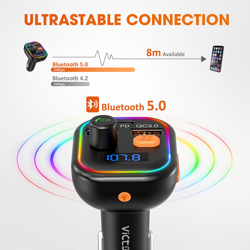 VicTsing – transmetteur Bluetooth 5.0 FM BH438, adaptateur sans fil avec PD et QC3.0, double Charge rapide, récepteur Audio rvb pour voiture