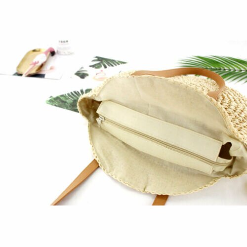 Fresh Pastoral Style Women Casual Large Capacity Solid Round Circular Rattan Wicker Straw Woven Crossbody Beach Bag Basket