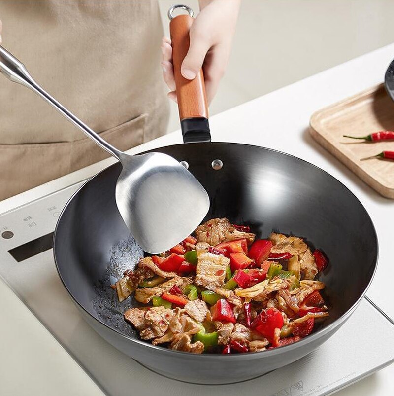 Låda kinesisk järn wok traditionell handgjord järn wok non-stick pan icke-beläggning induktion och gaskokare köksredskap