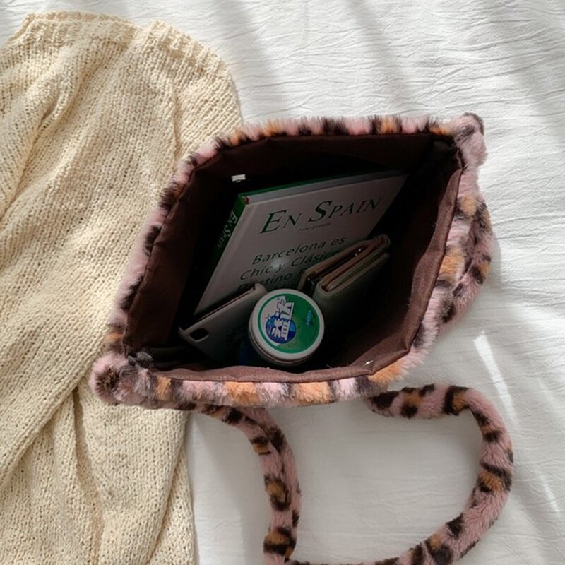 Sacos de ombro de pelúcia de leopardo quente para o outono e inverno das senhoras da forma do vintage bolsas femininas grande capacidade saco do mensageiro