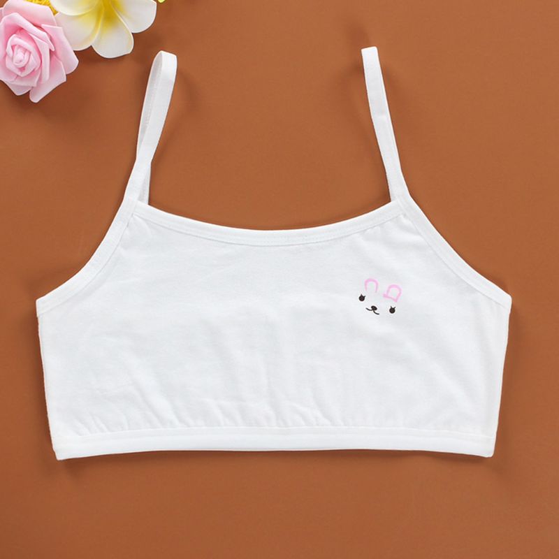 Tiener Puberteit Meisjes Effen Kleur Dubbele Laag Ondergoed Beha Spaghetti Band Leuke Cartoon Konijn Bralette Zomer Basic Crop Top