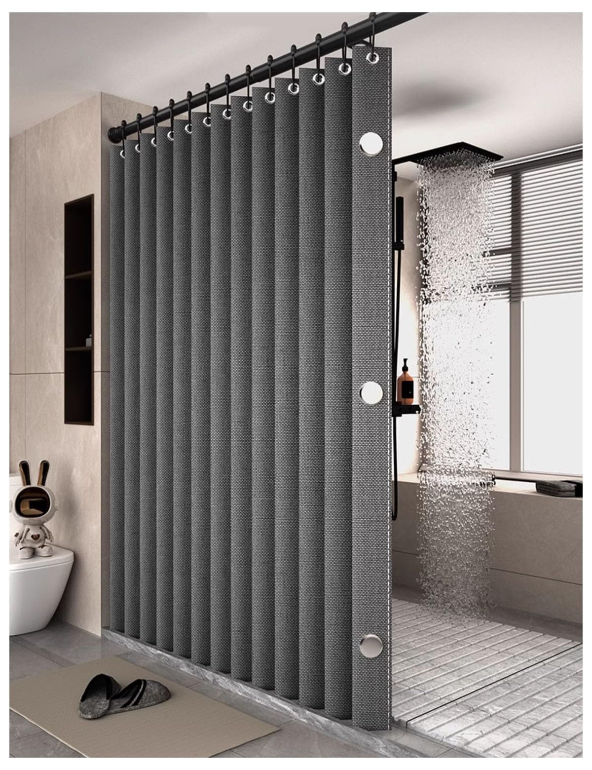 Cortina de ducha de lino plegable para baño con imanes, resistente al agua, adecuada para ducha que no incluye varilla telescópica