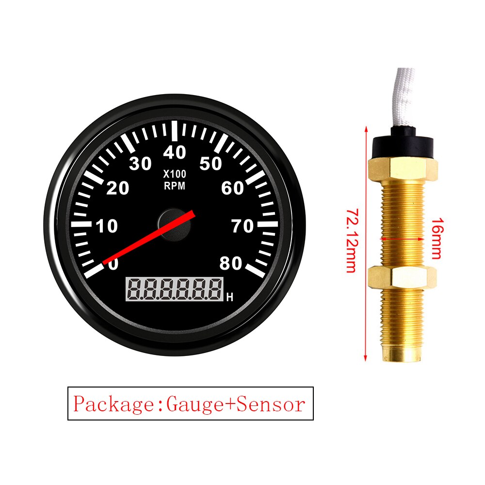 85MM Gauge with Tacho Sensor M16 for Gasoline Diesel Engine Tachometer 3KRPM 4KRPM 6KRPM 8KRPM With Hourmeter Red Backlight: 8KRPM BB M16