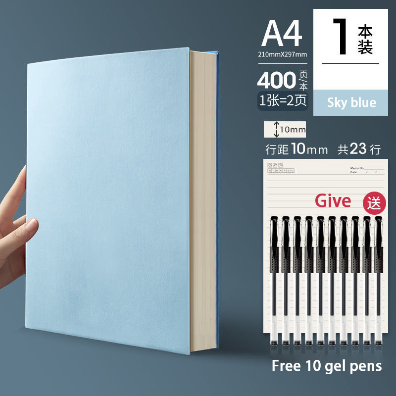 A4 Notebook Ultra-thick Thickened Notepad Business Soft Leather Work Meeting Record Book Office Diary Sketchbook Students Cute: Sky blue A4 / Checkered
