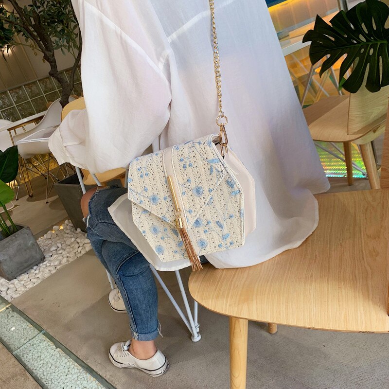 Hexagonale stijl stro kant borduurwerk tas handtassen vrouwen zomer rotan tas handgemaakte geweven strand bohemien handtas