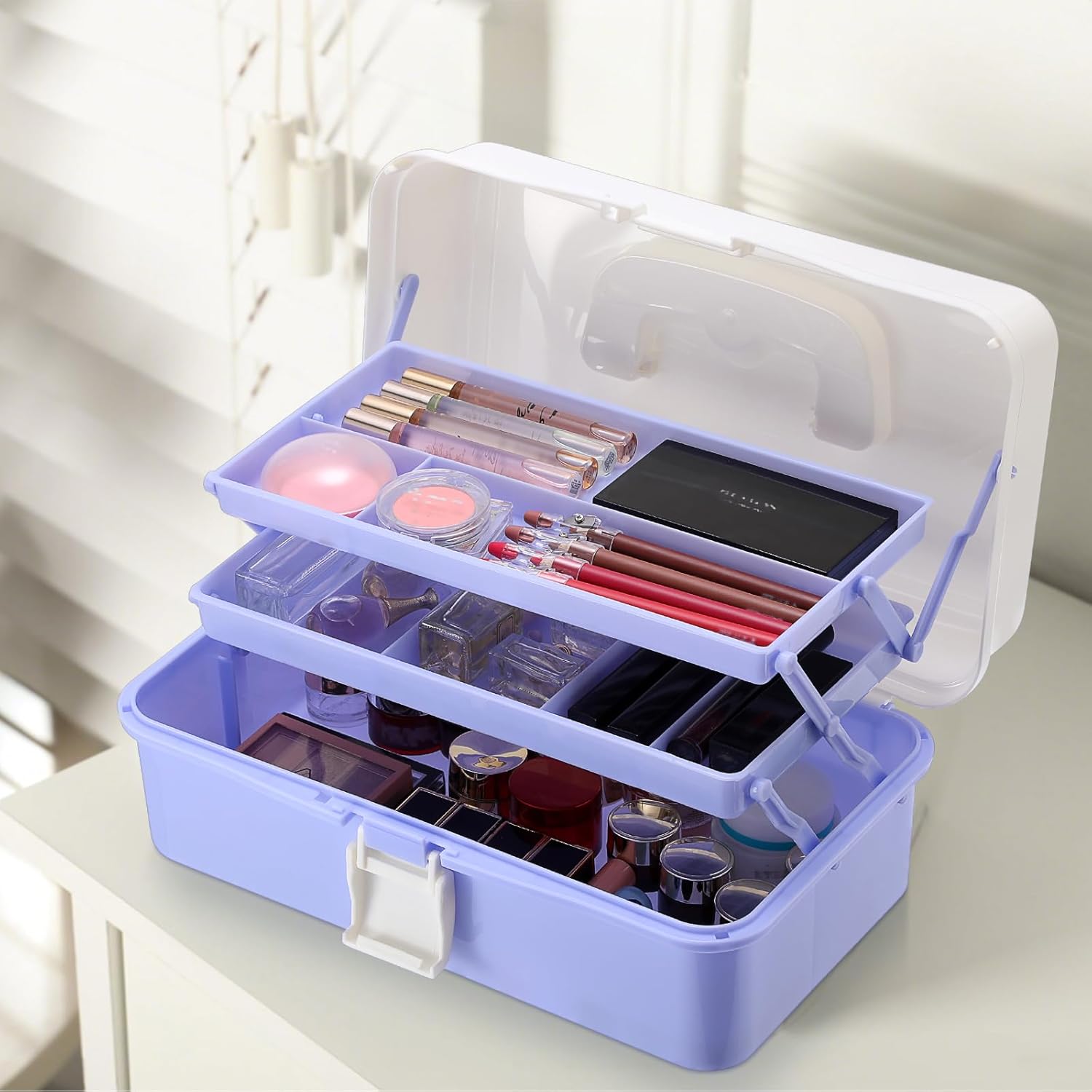 Three-layer plastic storage box 12.4-inch multifunctional craft storage box with dividers and handles, foldable
