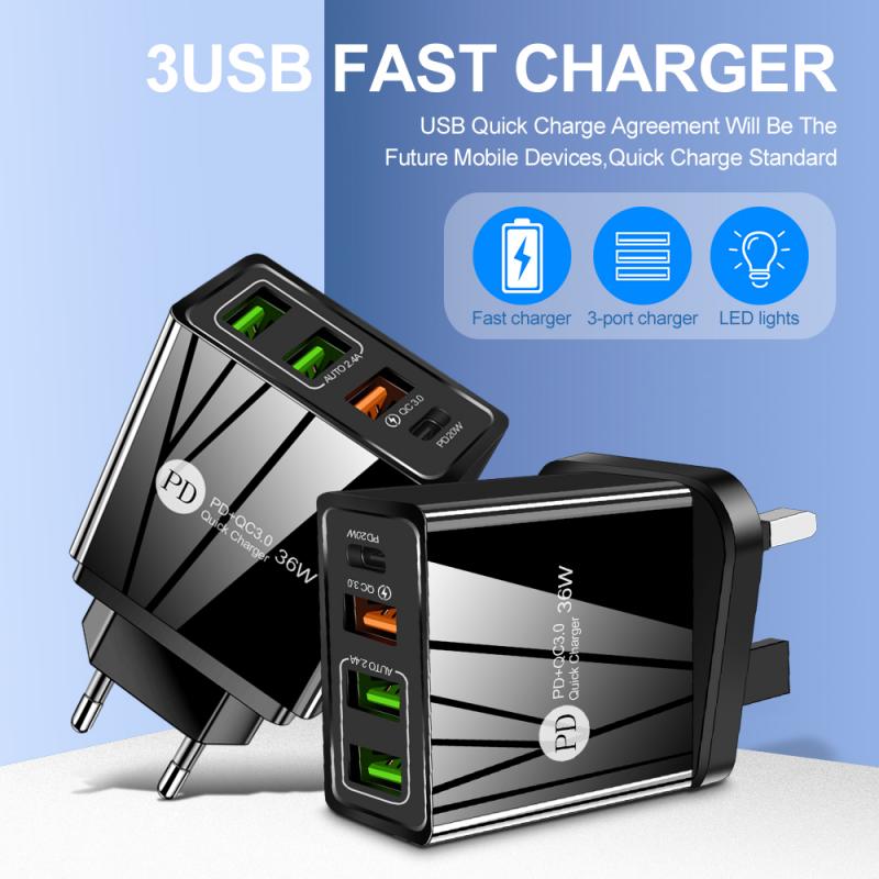 US/EU/UK Fast Charge Mobile Phone Charger Multi-port USB with PD Charging Head Fast Power Charger PD20W+QC3.0 2.4A Dual USB