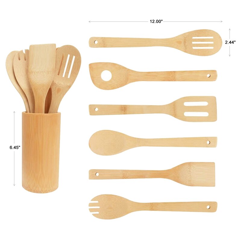 Bamboo Wooden Spoons & Spatulas Set-6 Pieces Kitchen Cooking Utensils and 1 Holder,Heat Resistant for Non Stick Cookware