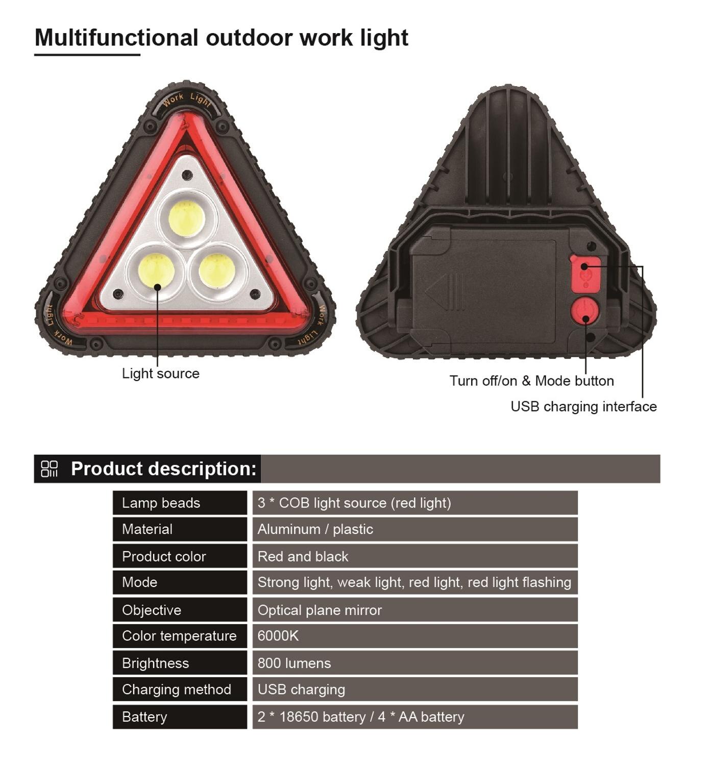 Usb laddningsbar triangel varning led strålkastare cob led bil reparation arbetslampa 18650 handtag bärbar campingljus söklykta