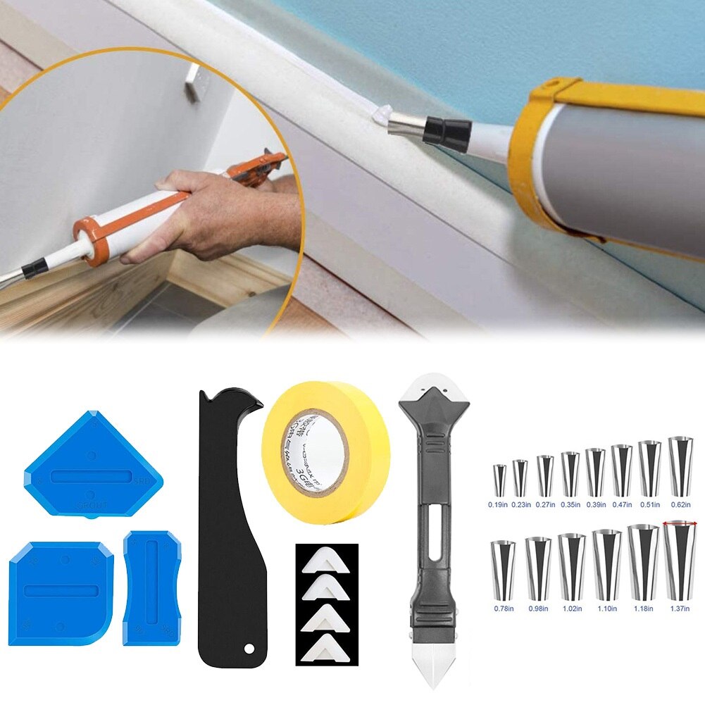 6In1 Silicone Caulking Finishing Sealant Grout Tool 14Pcs Caulk Nozzle Applicator Finisher Sealant Spreader Spatula Scraper Kit