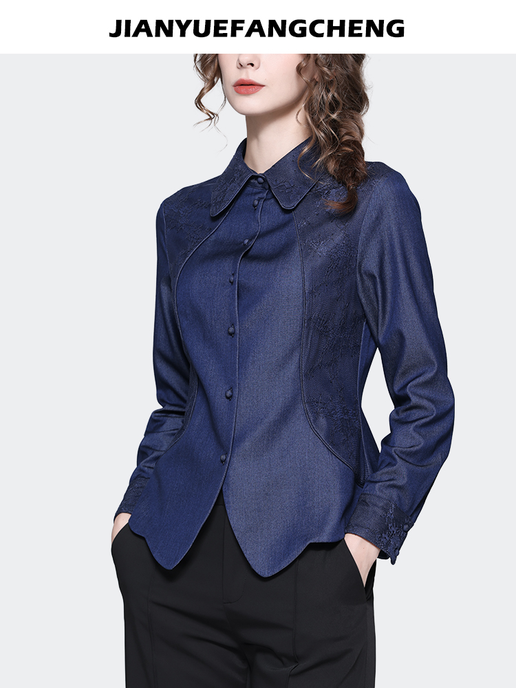 Women Long Sleeve Blue Denim Shirt Spring Vintage Embroidered Tops Pointed Collar Casual Button-down Blouses