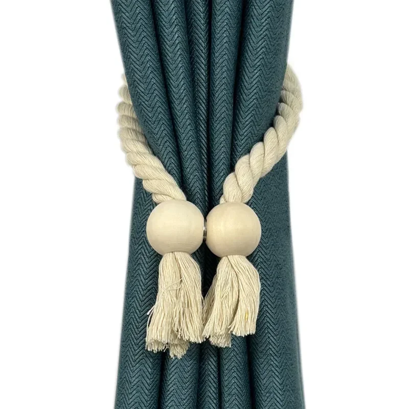 Cortinas Magnéticas de estilo bohemio para decoración del hogar, accesorios tejidos a mano de madera maciza para habitación, soporte con Clip, 2 piezas: Blanco