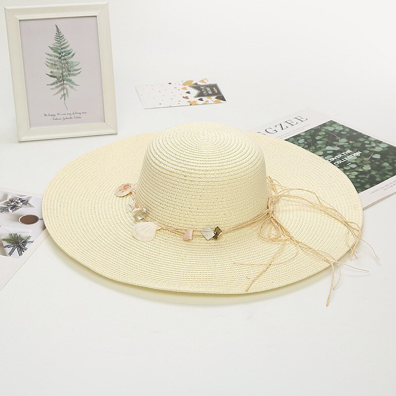 Sombrero de Paja de verano con lazo de concha marina, sombreros de boda Bohemia para mujer, accesorios de , sombreros ZH082: C