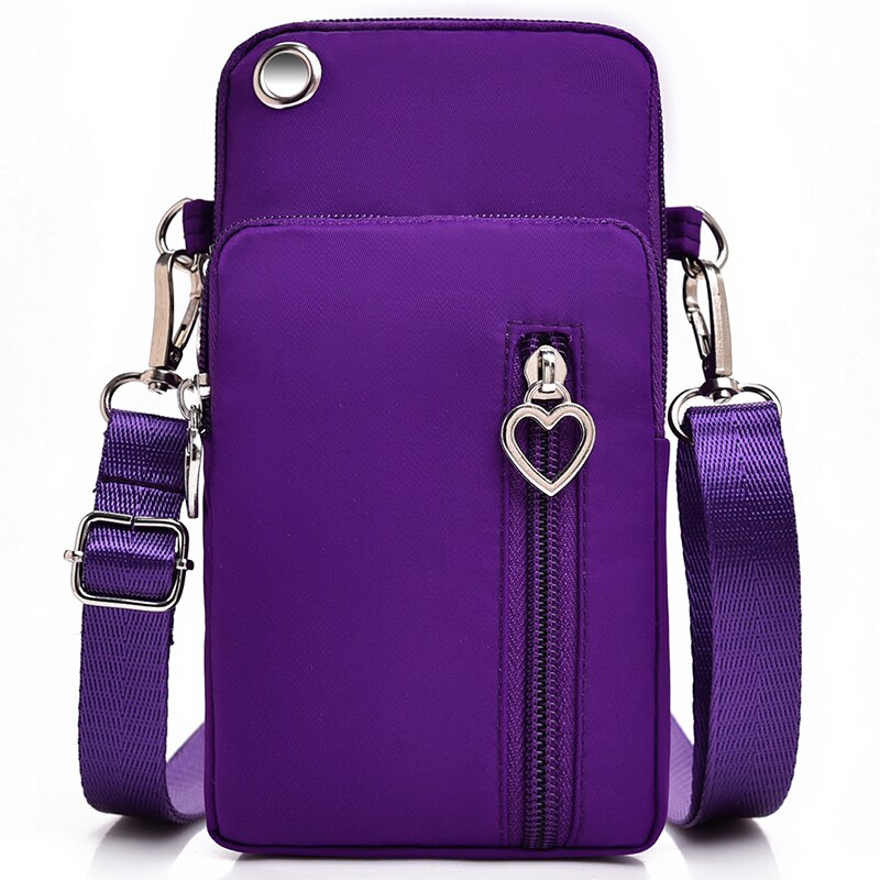 Bolso de hombro para mujer, monedero con cremallera en forma de corazón a la para teléfono móvil, estuche para llaves, estuche de para auriculares para el exterior, bolso deportivo: Purple