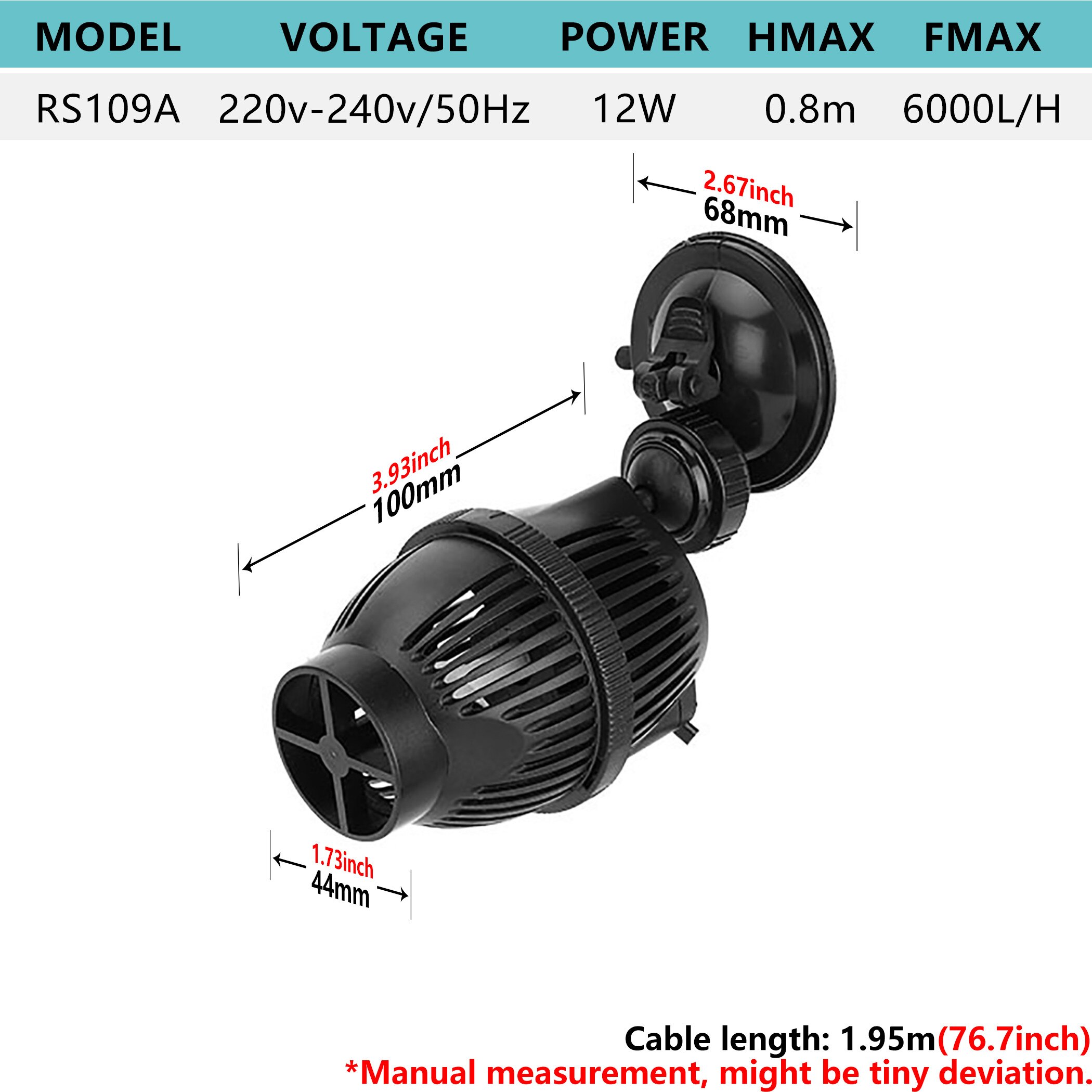 Fish Tank 220V Circulation Pump Powerhead Submersible Water Pump, Aquarium Wave Maker with Suction Cup: RS109A 6000LPH 12W / EU Plug