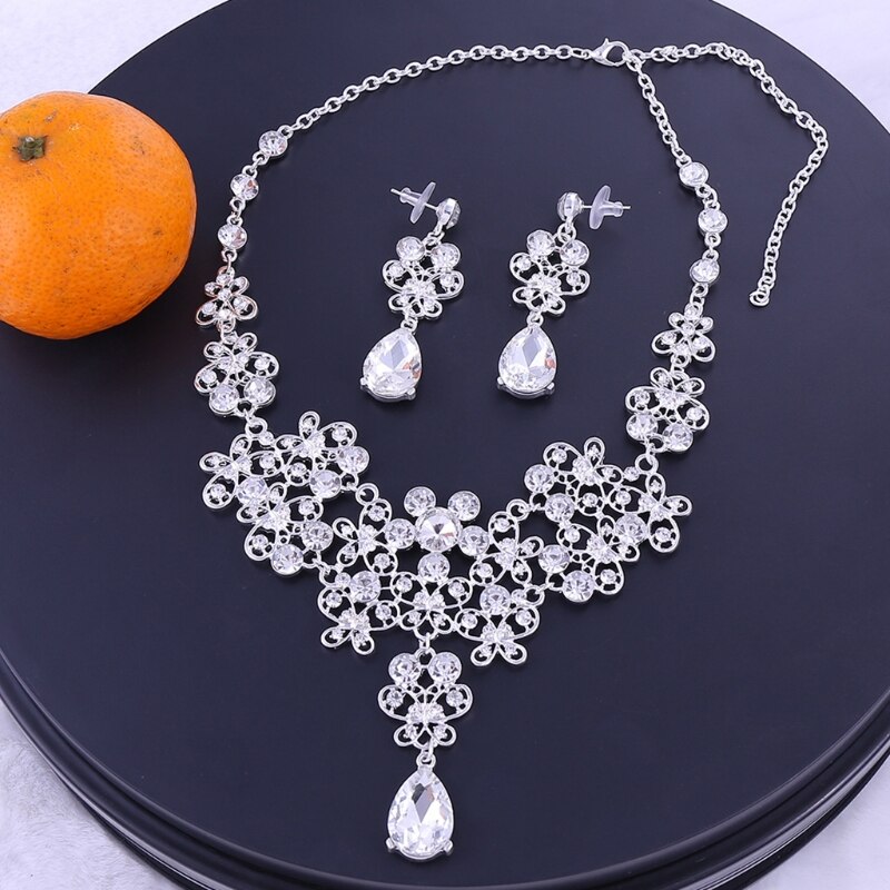 Tiara Kroon Oorbellen Ketting Sets Voor Bruid Bruiloft Prom Party Jurk Rhinestone Zilveren Kroon Wedding Earring
