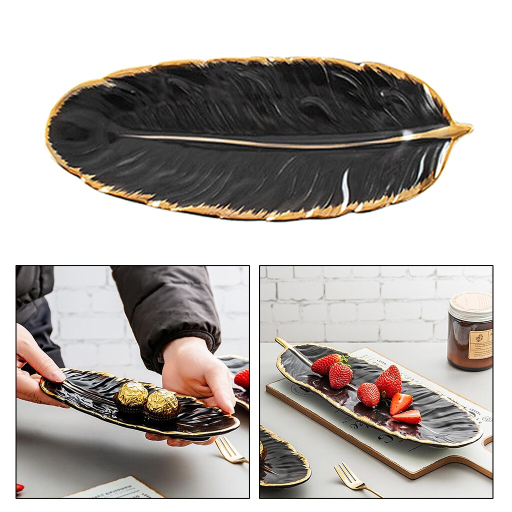 Luxury Jewelry Dish Tray Ceramic Tray Leaf Shape Dinnerware Plate Organizer: black S