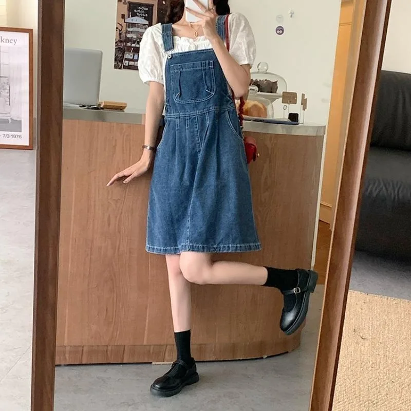 Denimkjol med hängslen dam vintagetvätt blå a-linjeformad casual sommar ett stycke koreansk kjol med  y2k remmar dam