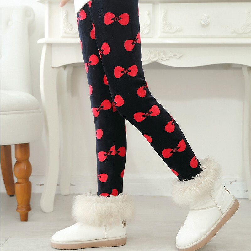 Vinter varm fløjl baby leggings piger casual leggings børn skinny underdele børn tøj rød sløjfe print sort 2 to 7 år
