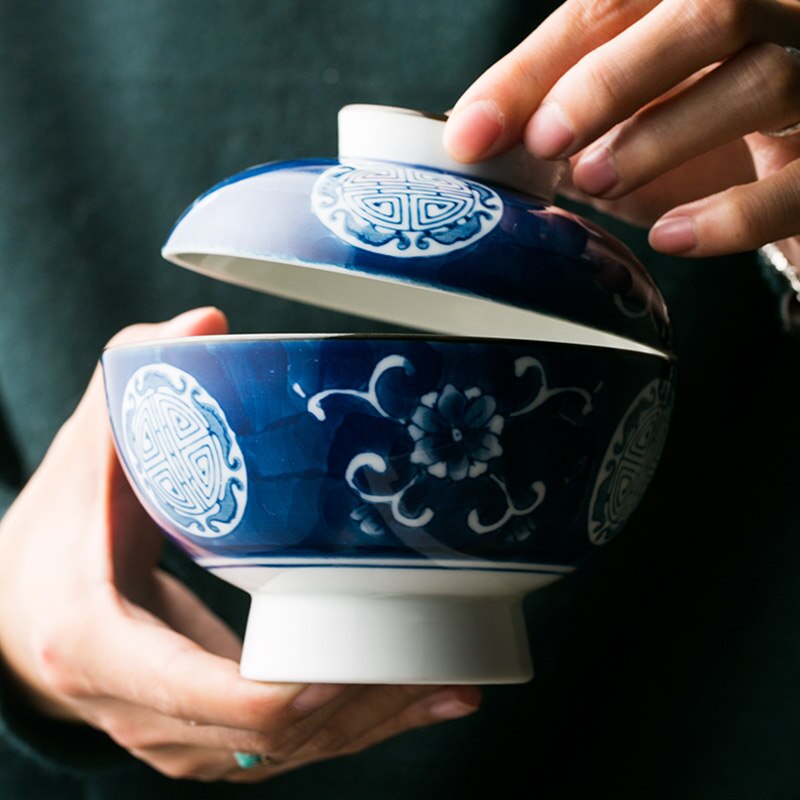 Kinesisk bordservice håndmalet keramisk skål med låg rissuppe nudler husholdningsgryderet kopbetræk porcelæn