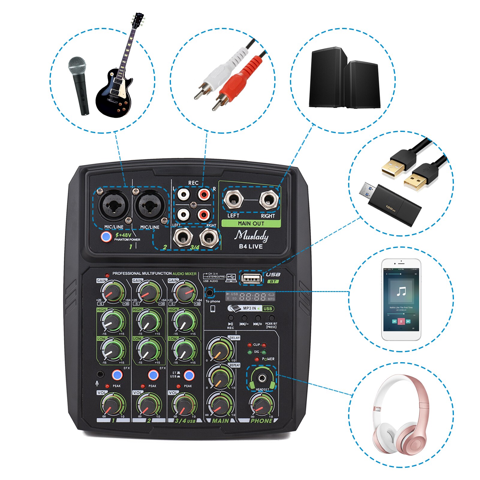 Muslady 4-Channel Audio Mixer Mixing Console LED Screen Built-in Soundcard USB BT Connection with 2-band EQ Gain Delay Repeat