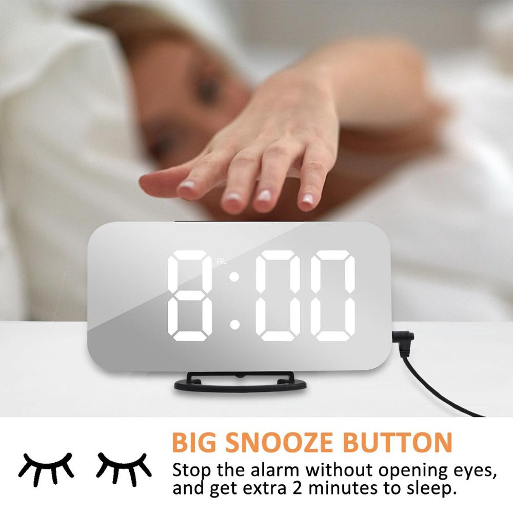 LED Alarm Clock With Dual USB Charging Port For Mobile Phone Charging Mirror Clock Snooze Function Automatic Dimming